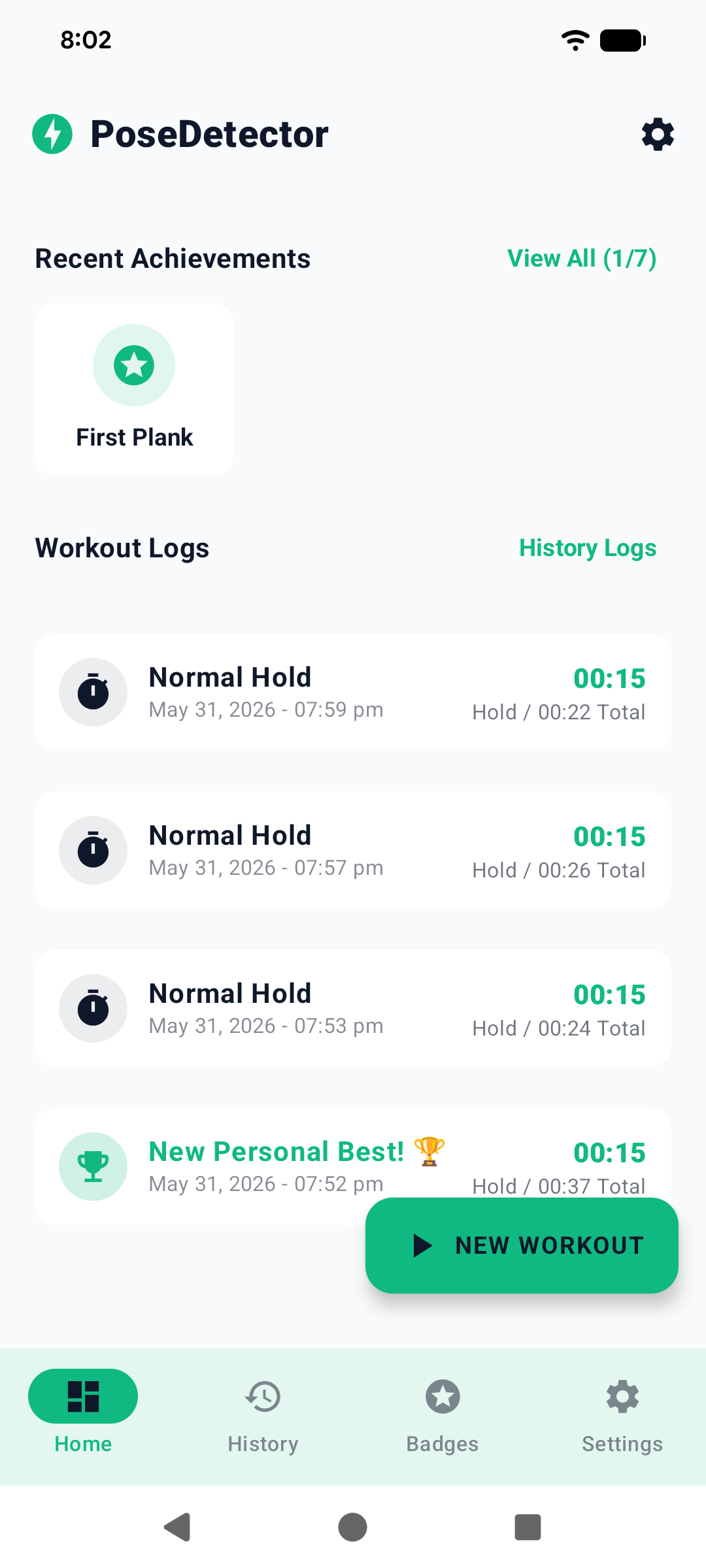 PoseDetector dashboard showing workout logs and achievements